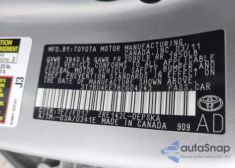 2011 Toyota Corolla S z USA, uszkodzony, nr VIN 2T1BU4EE7BC604243